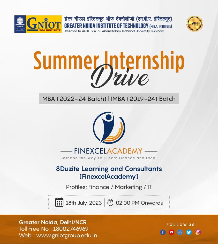 Summer Internship Drive by FINEXCELACADEMY GNIOT Campus, Greater Noida